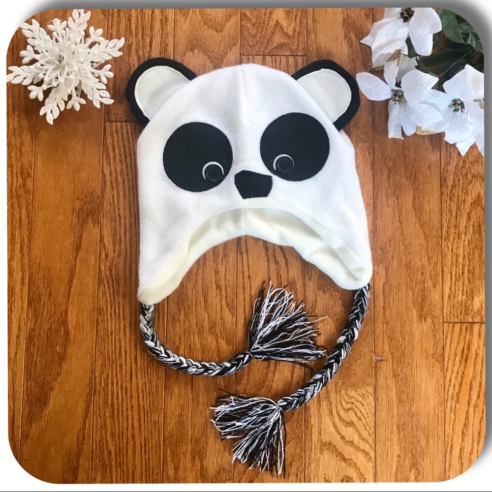 Panda Bear Knit Hat with Ear Flaps & Tassels